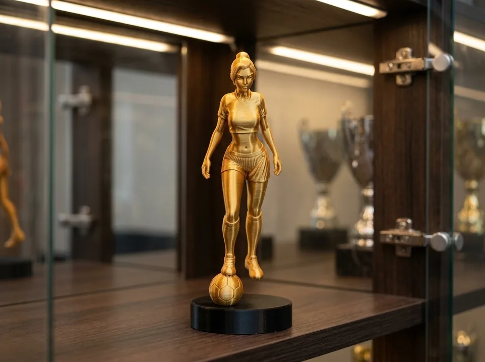 Trofeo personalizado 3D jugadora de fútbol, impreso en PLA multicolor, figura dorada metalizada sobre base negra (imagen ilustrativa)