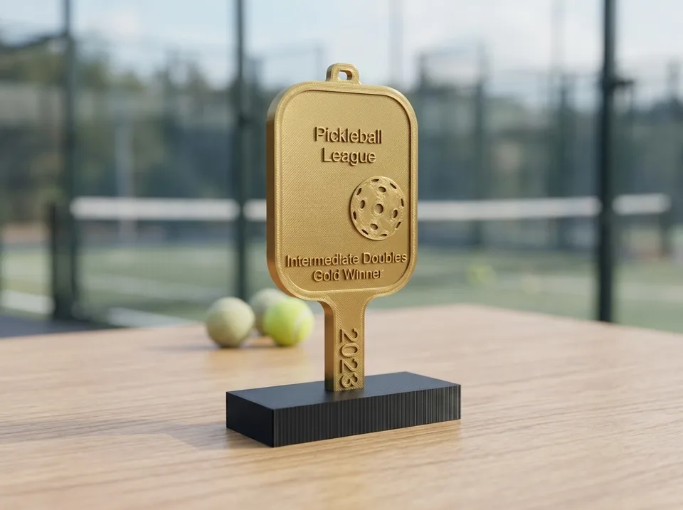 Trofeo personalizado 3D trofeo paleta de pádel con base, impreso en PLA multicolor, paleta dorada sobre base negra (imagen ilustrativa)