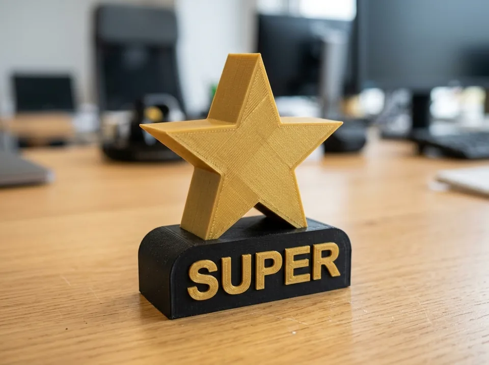 Trofeo personalizado 3D trofeo súper estrella, impreso en PLA multicolor, estrella dorada sobre base negra con la palabra SUPER (imagen ilustrativa)