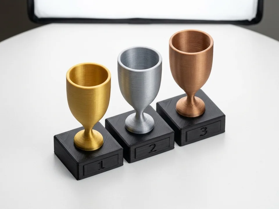 Trofeos personalizados 3D: podio de copas 1°, 2° y 3°