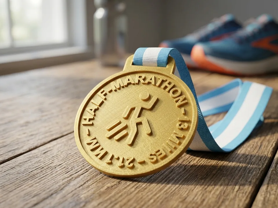 Trofeo personalizado 3D medalla de media maratón, impreso en PLA multicolor, dorada con cinta celeste y blanca (imagen ilustrativa)