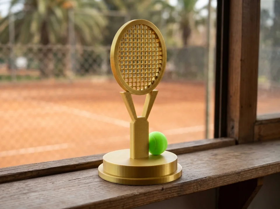 Trofeo trofeo raqueta de tenis personalizado en impresión 3D | CNCero Trofeo personalizado 3D trofeo raqueta de tenis, impreso en PLA multicolor, raqueta y pedestal dorados con pelota verde fluo (imagen ilustrativa)