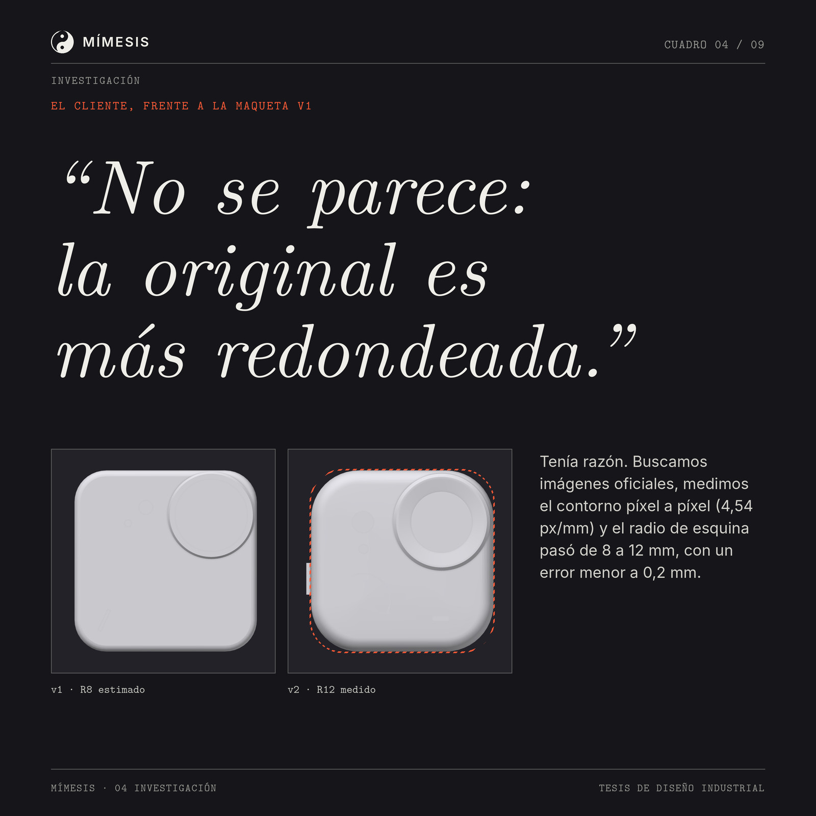 Fondo oscuro con la cita del cliente y las dos maquetas de la cámara, estimada y medida.
