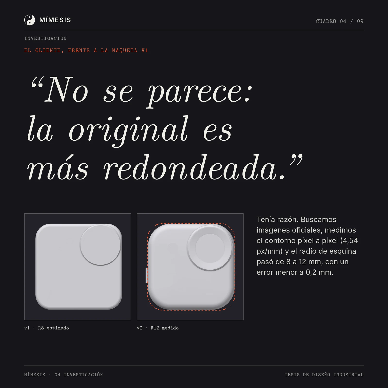 Fondo oscuro con la cita del cliente y las dos maquetas de la cámara, estimada y medida.