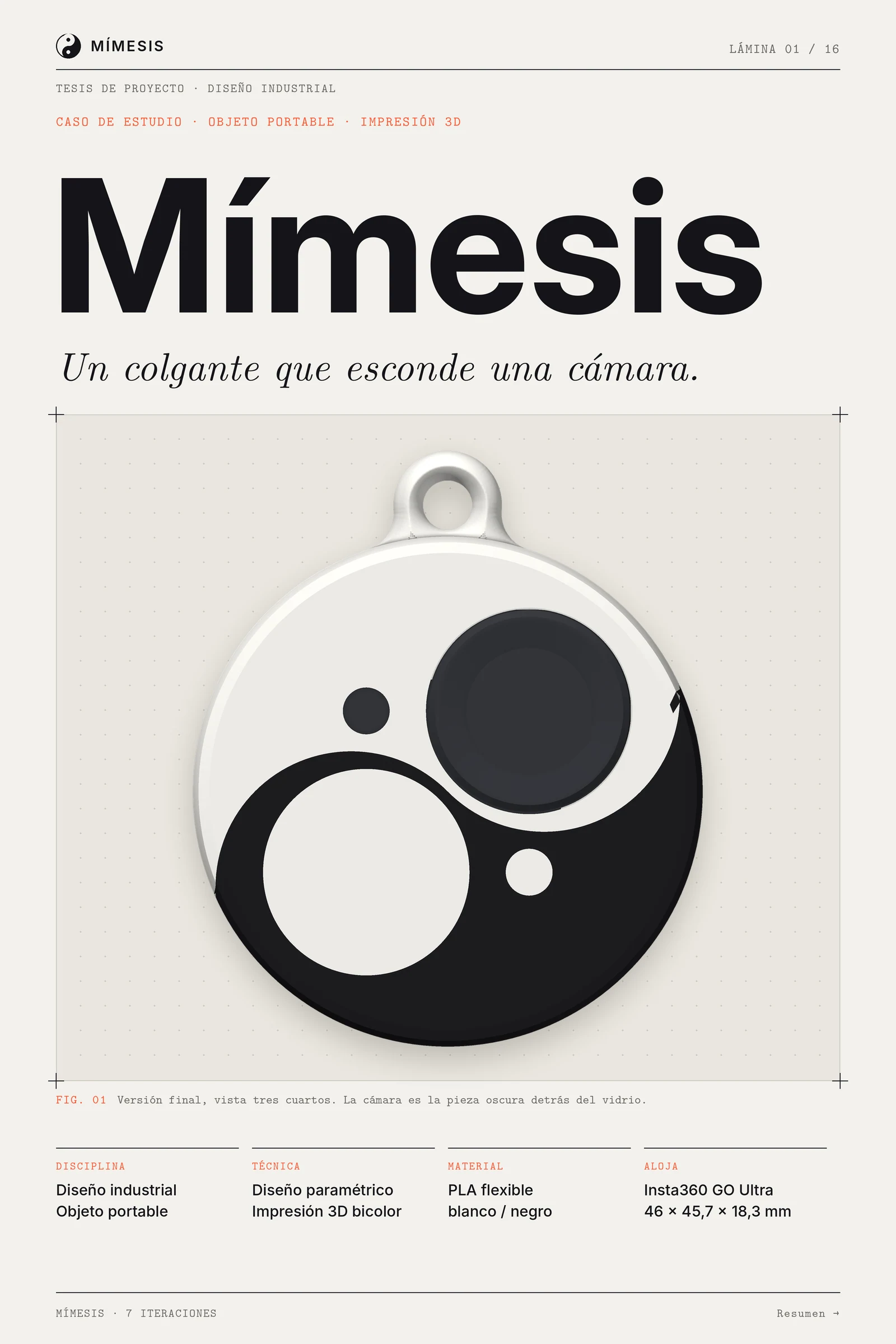 Portada de la tesis Mímesis: colgante yin-yang blanco y negro con un vidrio negro al ras, sobre fondo papel.