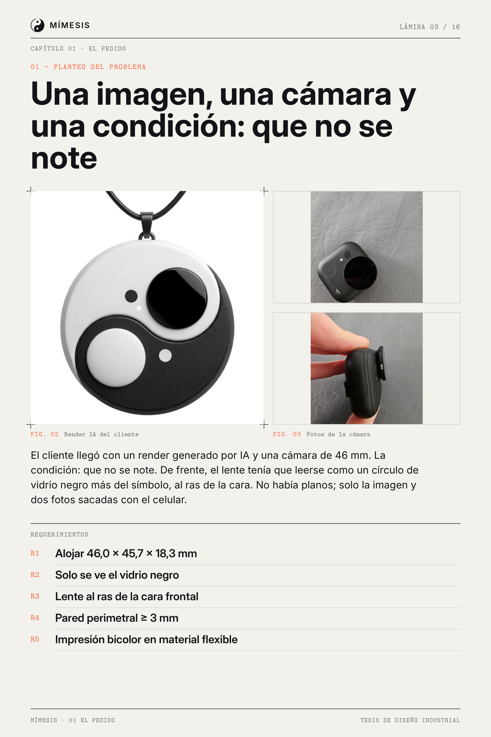 Render IA de un colgante yin-yang, dos fotos de la cámara y lista de cinco requerimientos.