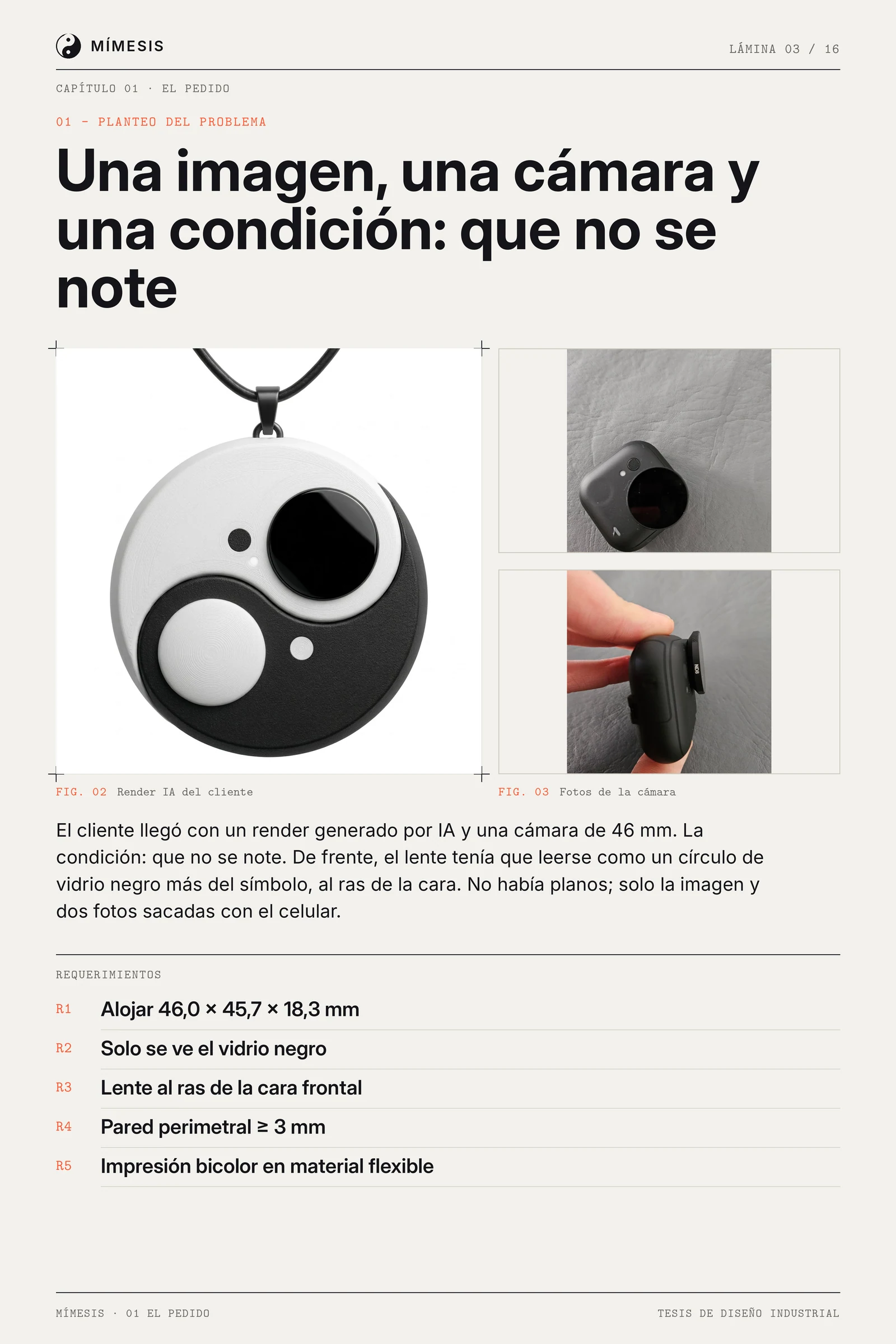 Render IA de un colgante yin-yang, dos fotos de la cámara y lista de cinco requerimientos.