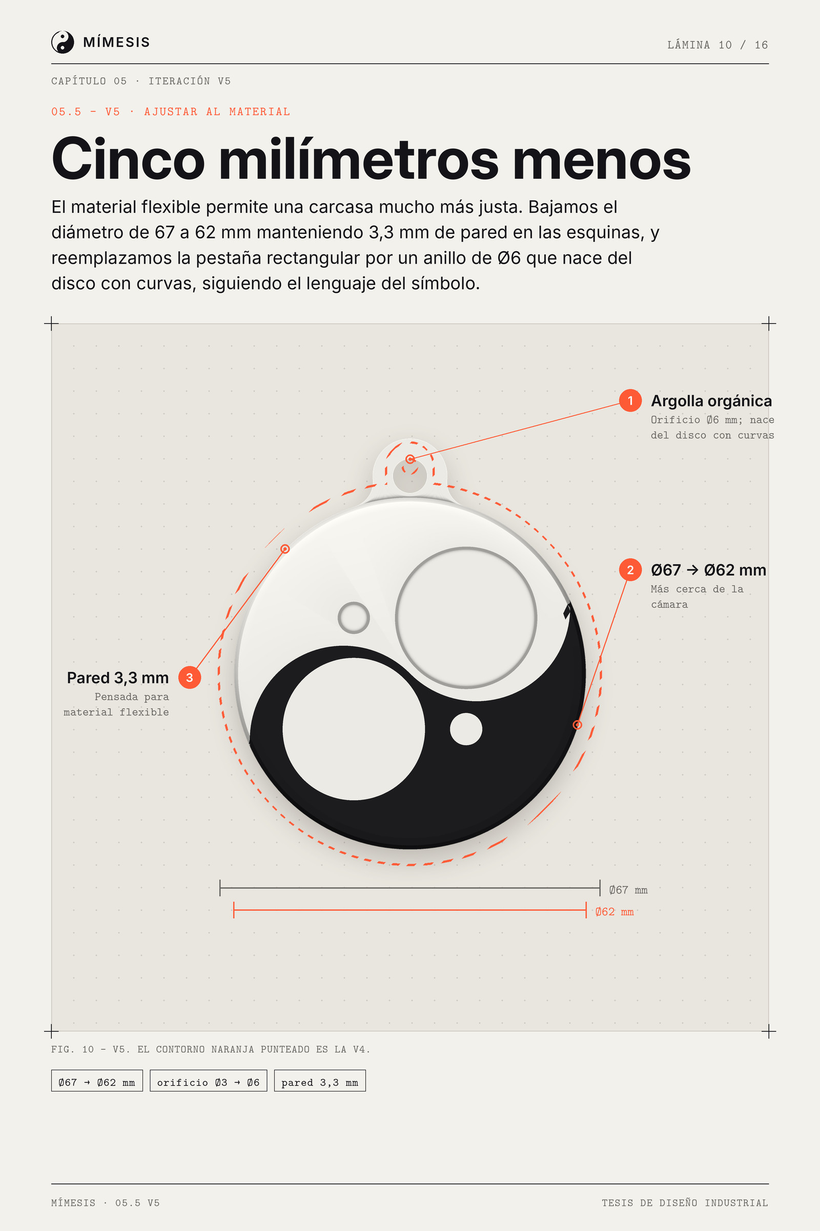 Versión 5 del colgante con el contorno punteado de la versión anterior y cotas de 67 y 62 milímetros.