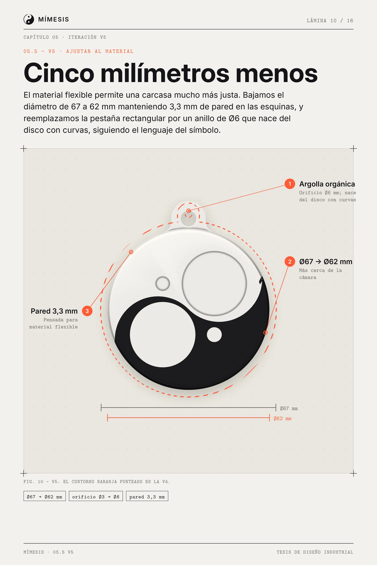 Versión 5 del colgante con el contorno punteado de la versión anterior y cotas de 67 y 62 milímetros.