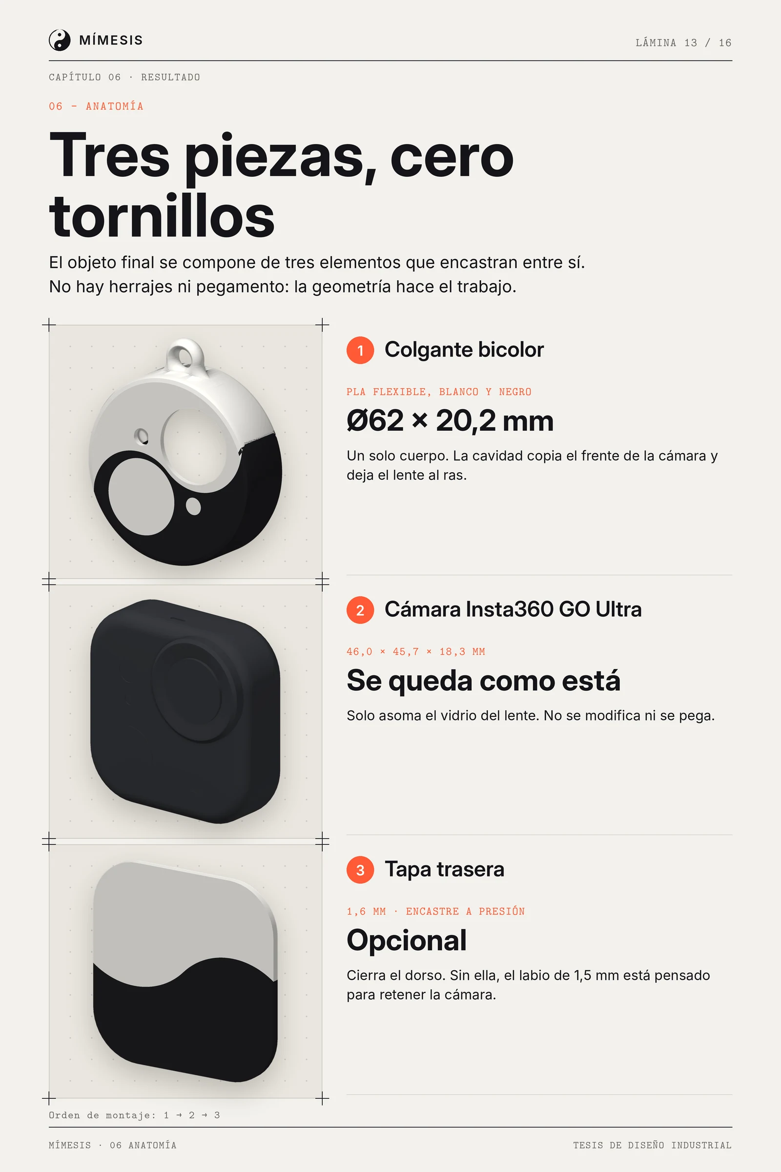 Tres piezas apiladas: colgante bicolor, cámara oscura y tapa trasera con sus datos.