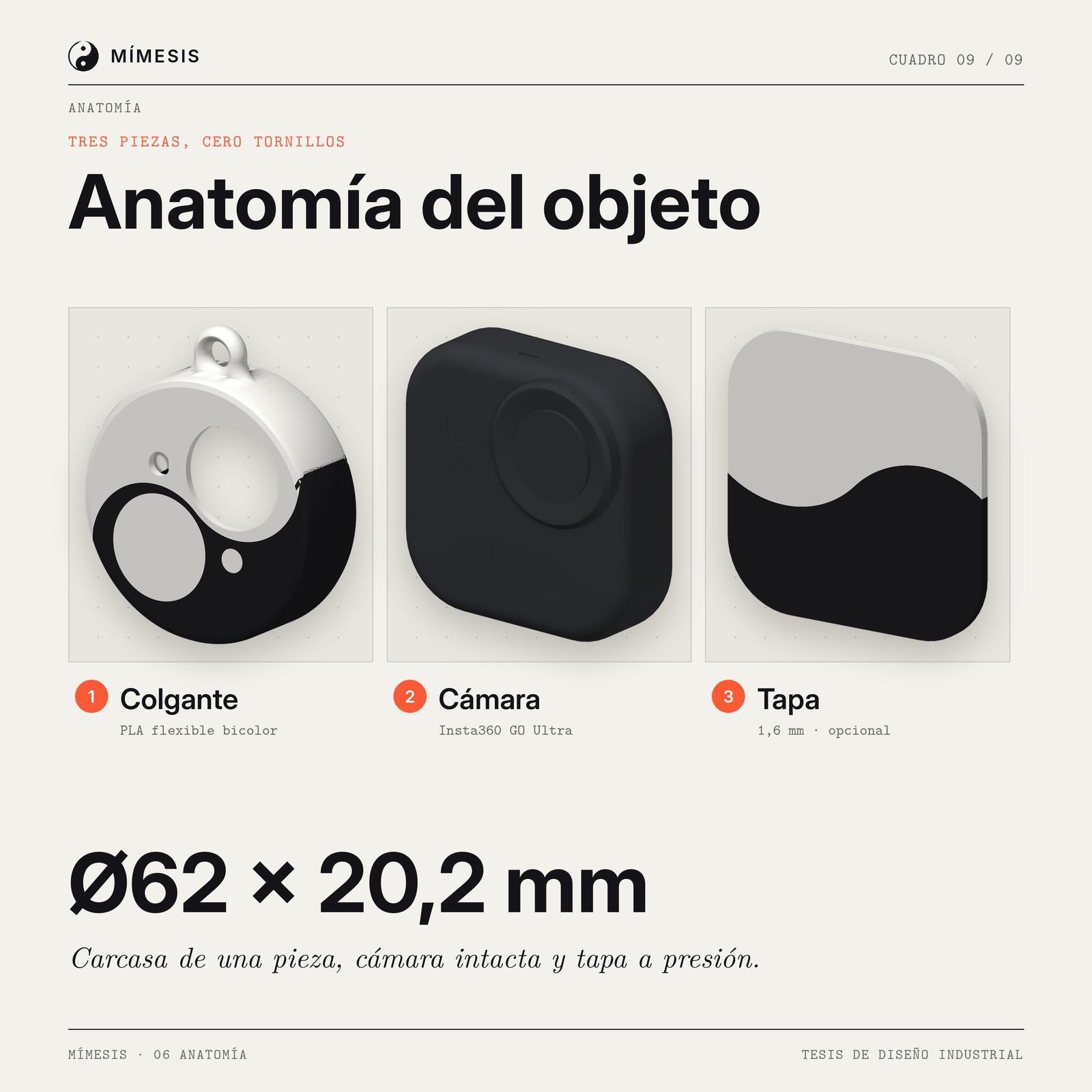 Tres piezas en fila: colgante, cámara y tapa, con el tamaño final del conjunto.