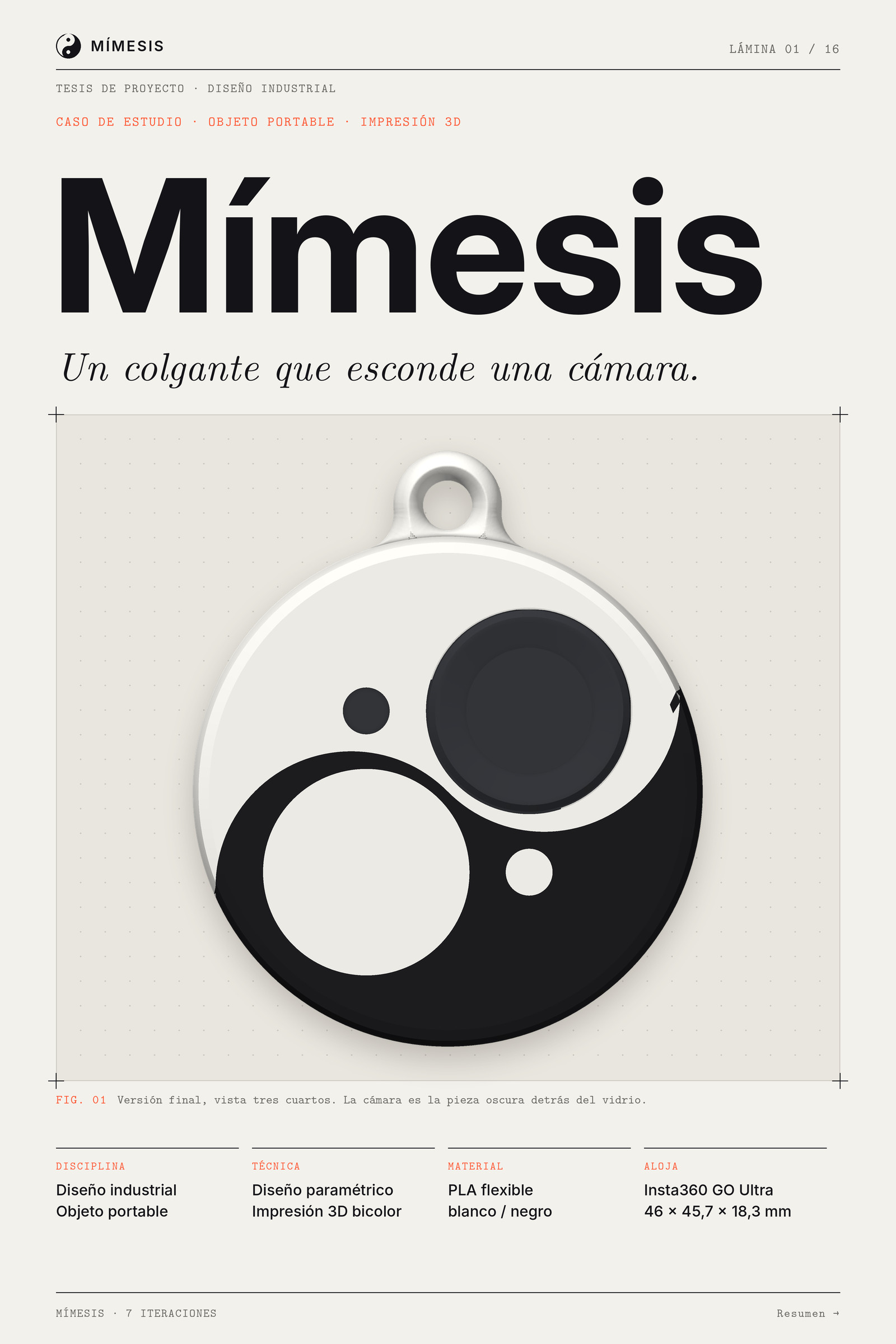 Portada de la tesis Mímesis: colgante yin-yang blanco y negro con un vidrio negro al ras, sobre fondo papel.