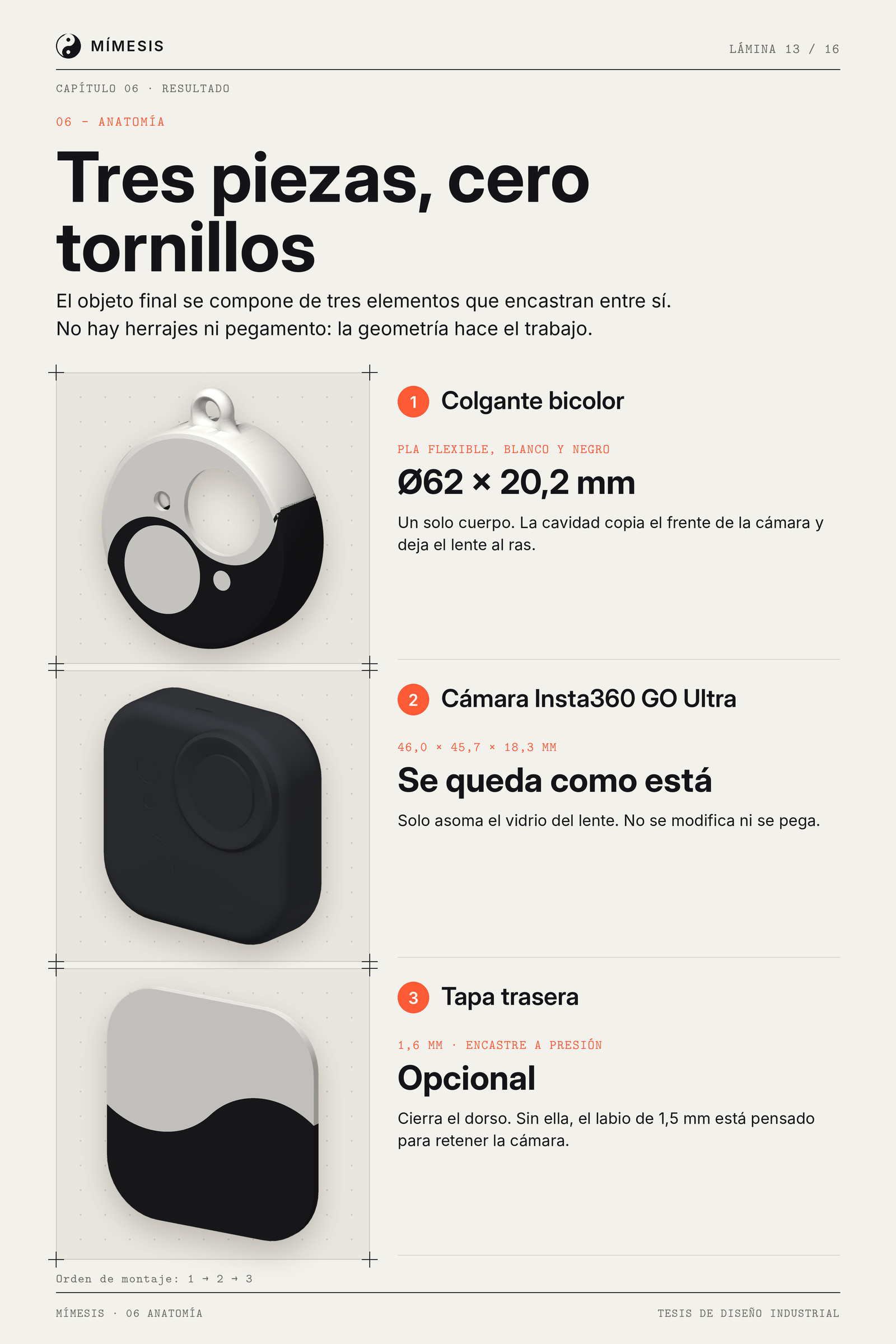 Tres piezas apiladas: colgante bicolor, cámara oscura y tapa trasera con sus datos.