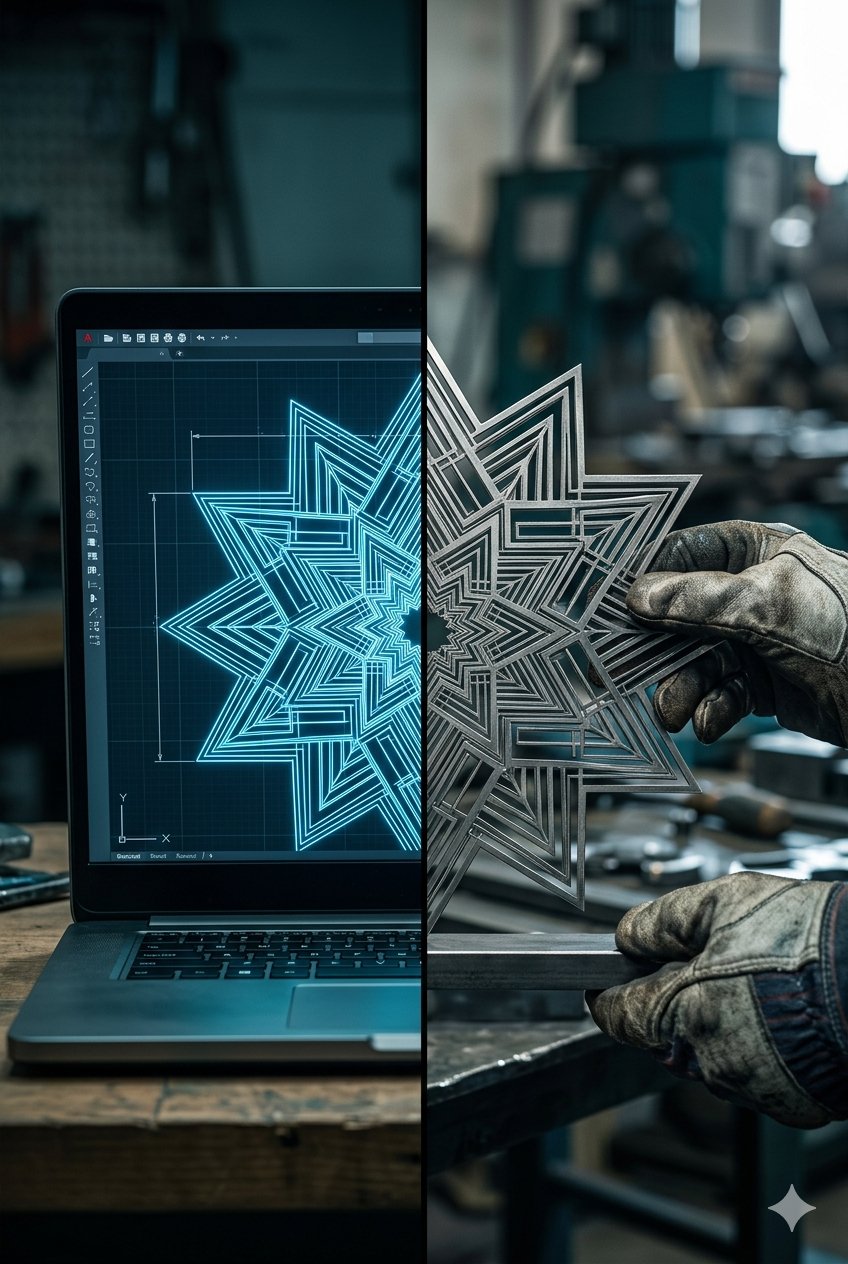 Díptico corte láser diseños: archivo DXF en pantalla y pieza estrella en acero terminada en taller