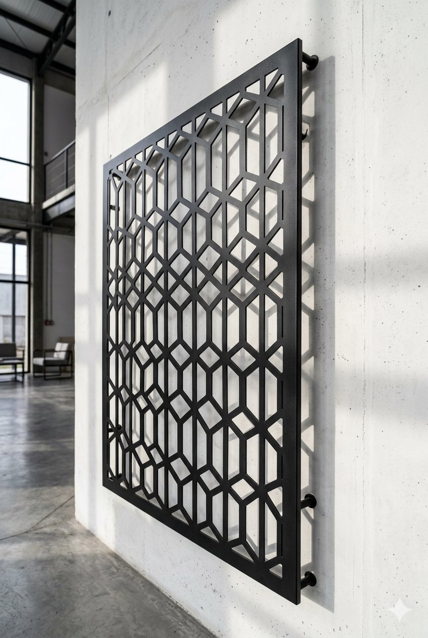 Panel decorativo de acero con corte láser diseños geométricos hexagonales, acabado negro mate