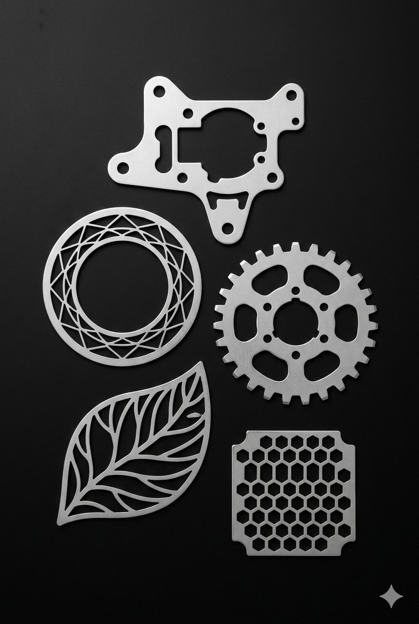Piezas industriales con corte láser diseños variados sobre fondo negro: engranajes, anillos y brackets