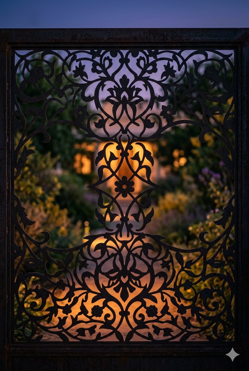 Portón de hierro con corte láser diseños florales calados, luz cálida atravesando el metal al atardecer