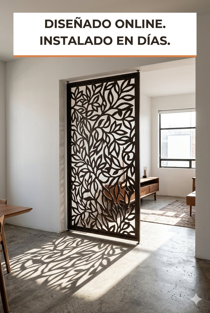 Panel divisor decorativo de acero con corte láser instalado en interior moderno. Resultado de pedido online.