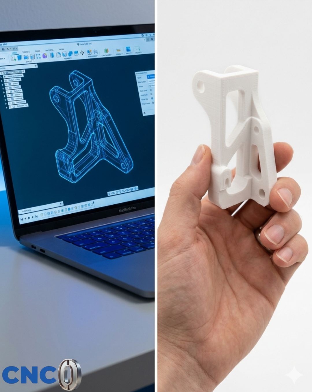 Impresión 3D a pedido — bracket estructural: diseño CAD en Fusion 360 y pieza final en PLA blanco