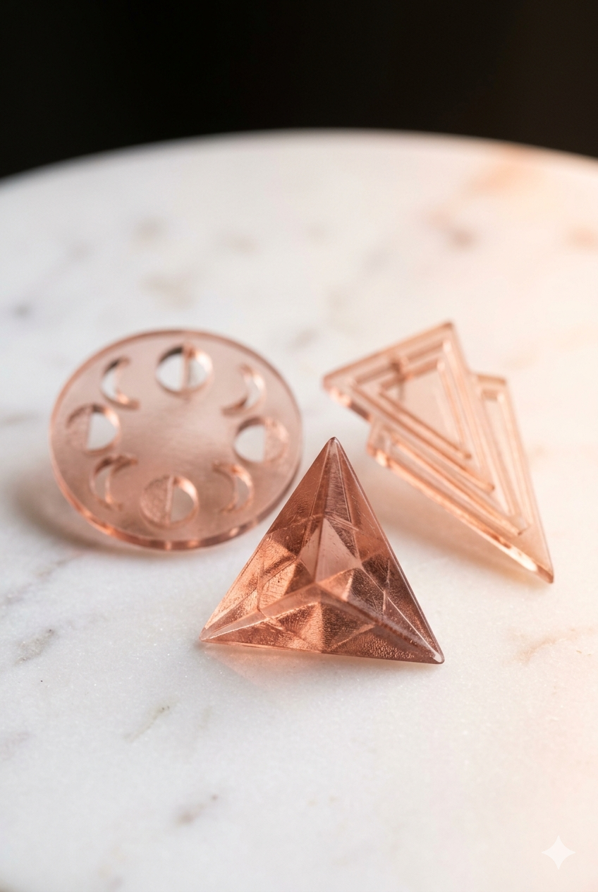 Joyería aesthetic impresa en 3D — aros en resina geométrica dorada sobre mármol