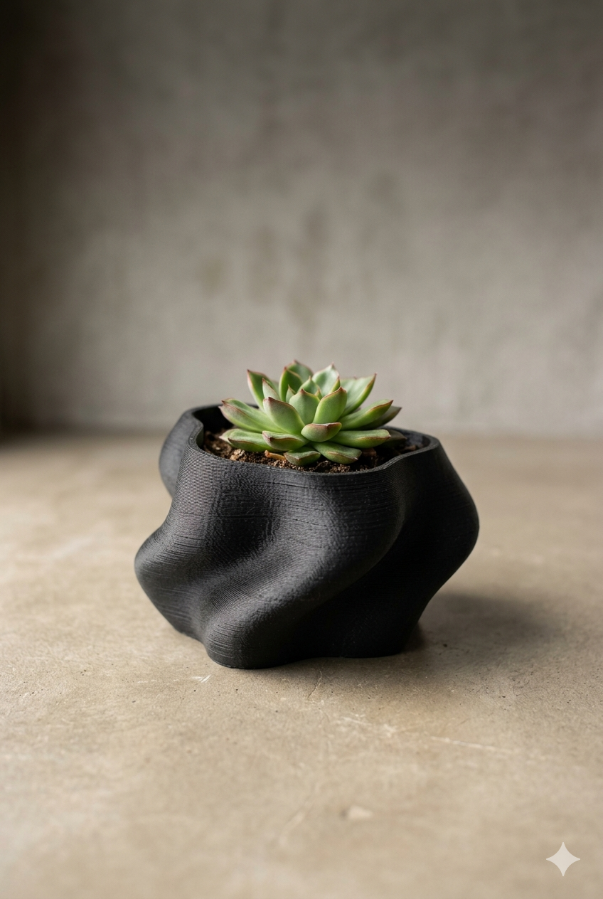 Maceta orgánica en impresión 3D aesthetic, PLA negro matte con suculenta