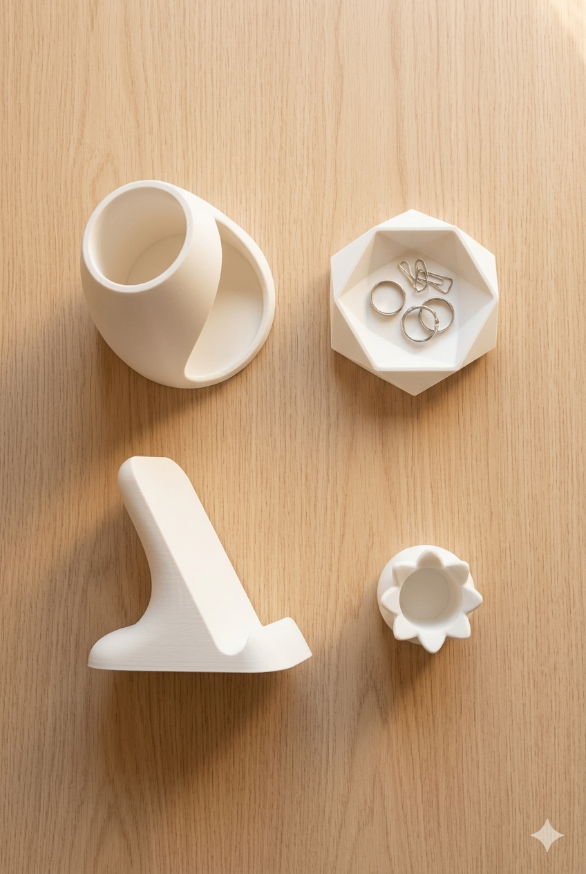 Organizadores de escritorio aesthetic impresos en 3D en PLA matte blanco sobre madera natural